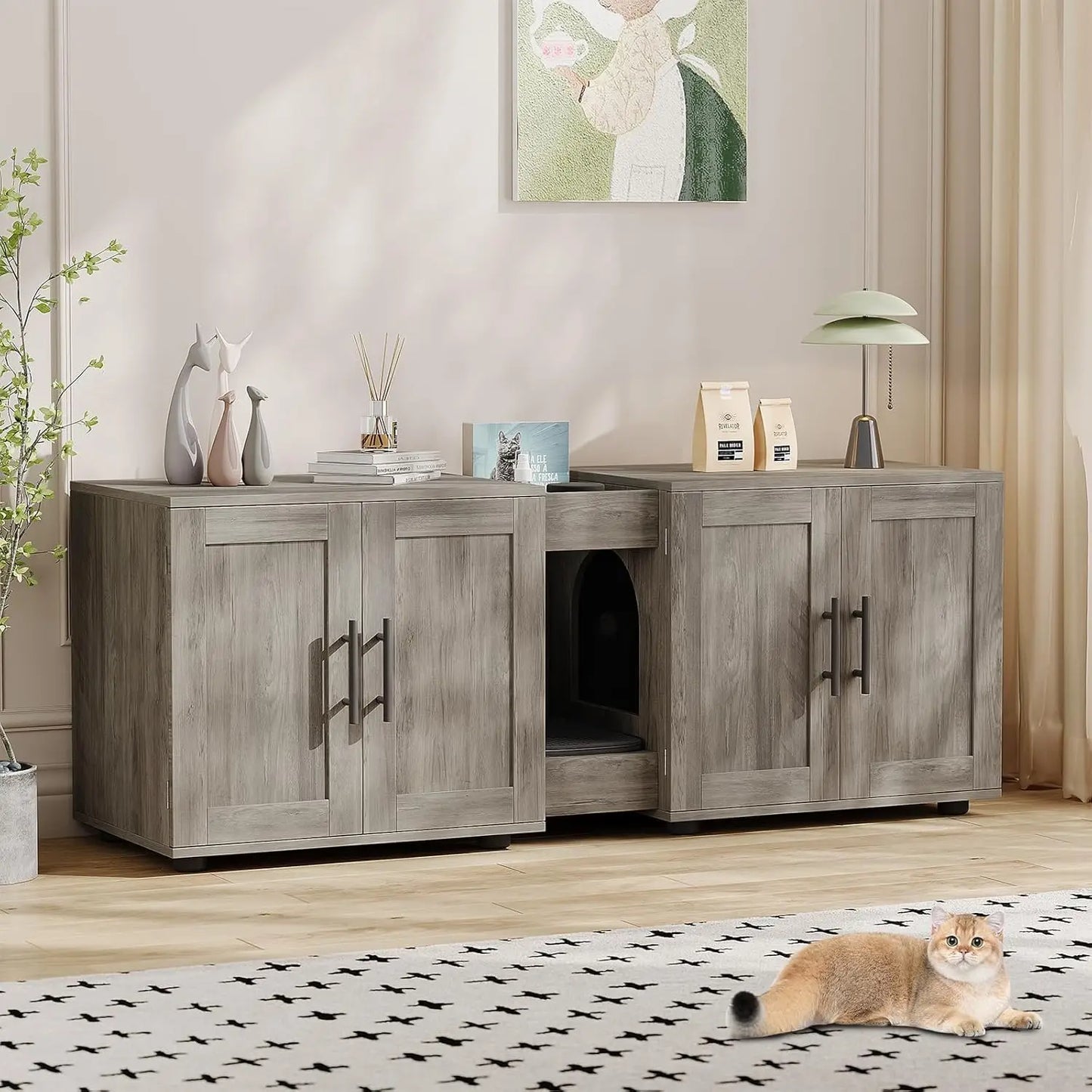 Cat Litter Box Enclosure, Indoor Cat House, Wooden Pet House Side End Table, Hidden Litter Box Furniture, Double Rooms