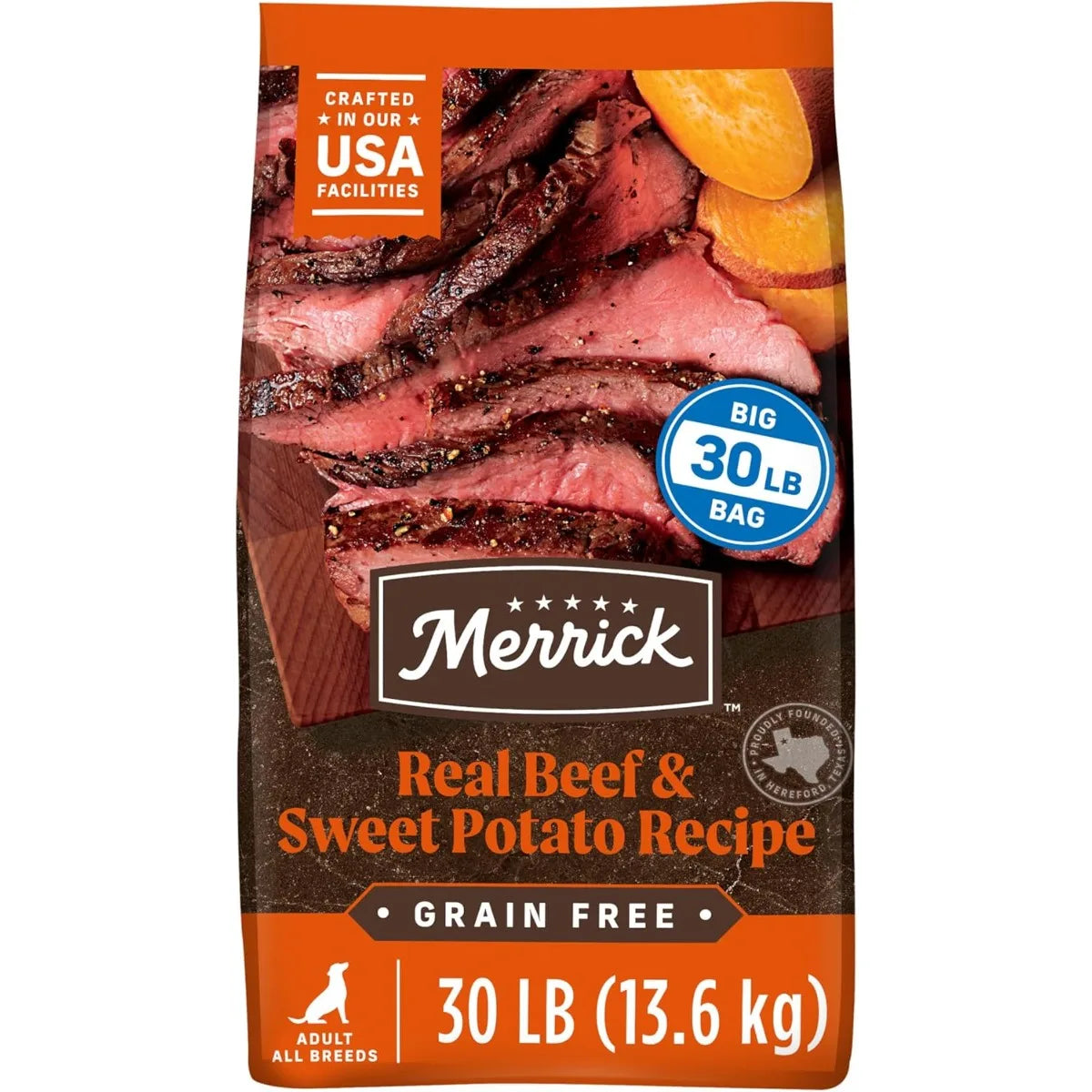 Merrick Premium Grain Free Dry Adult Dog Food, Wholesome And Natural Kibble, Real Texas Beef And Sweet Potato - 30.0 lb. Bag