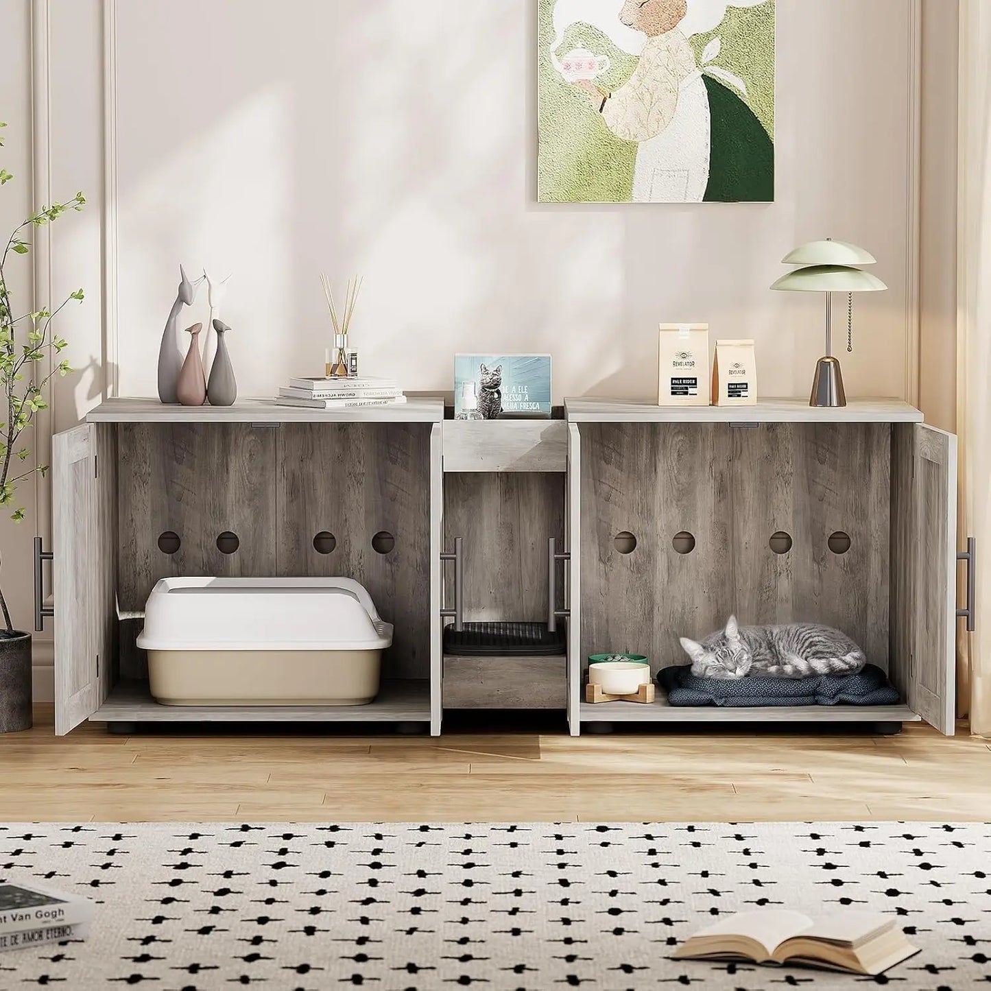 Cat Litter Box Enclosure, Indoor Cat House, Wooden Pet House Side End Table, Hidden Litter Box Furniture, Double Rooms