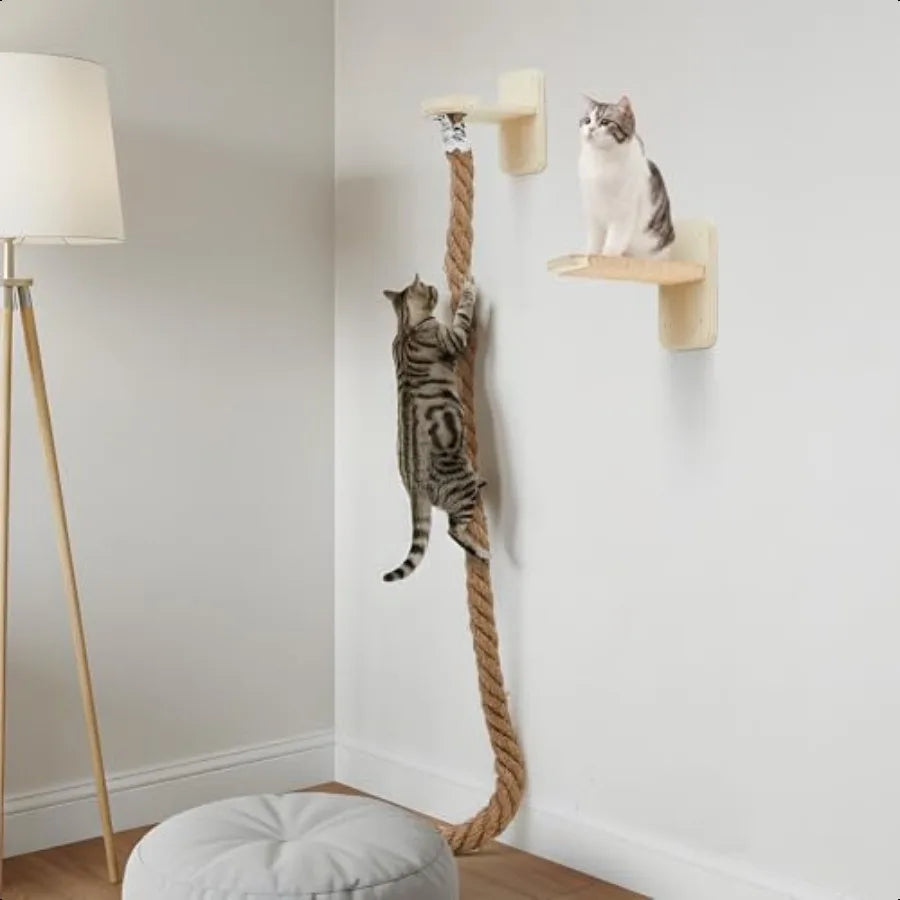 Cat Tree with 2 x 59.1 Inch Climbing Rope Wall Mounted Cat Climbing Tower Toy with Scratching Post Kitten Rope Ladder with Jump
