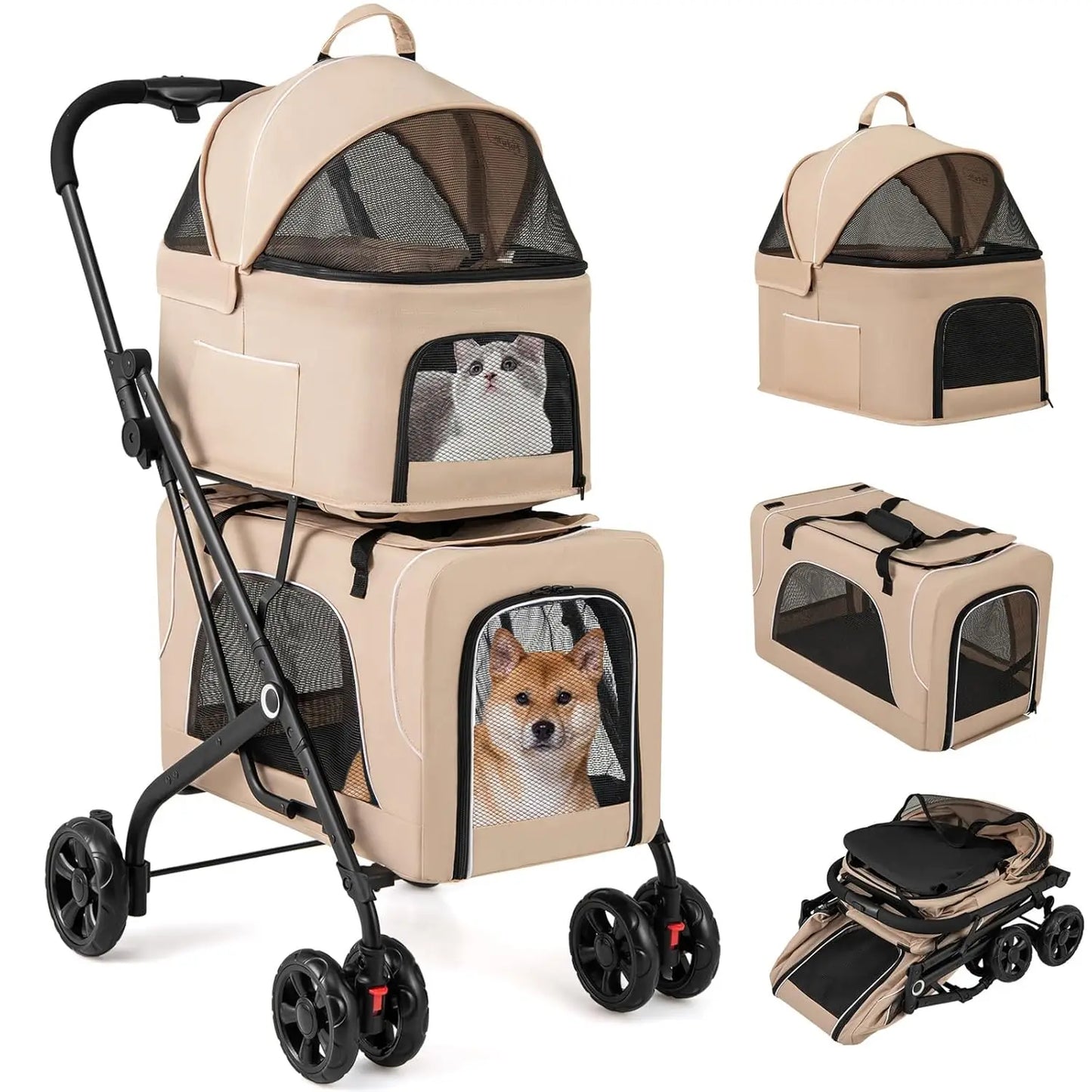 Giantex Double Dog Stroller for 2 Pets, with Detachable Carriers, Safety Belt & 4 Lockable Wheels, Folding Travel Cart, Gray