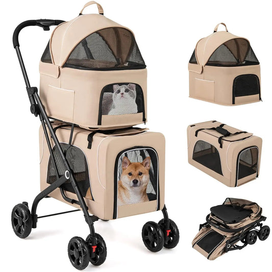 Giantex Double Dog Stroller for 2 Pets, with Detachable Carriers, Safety Belt & 4 Lockable Wheels, Folding Travel Cart, Gray